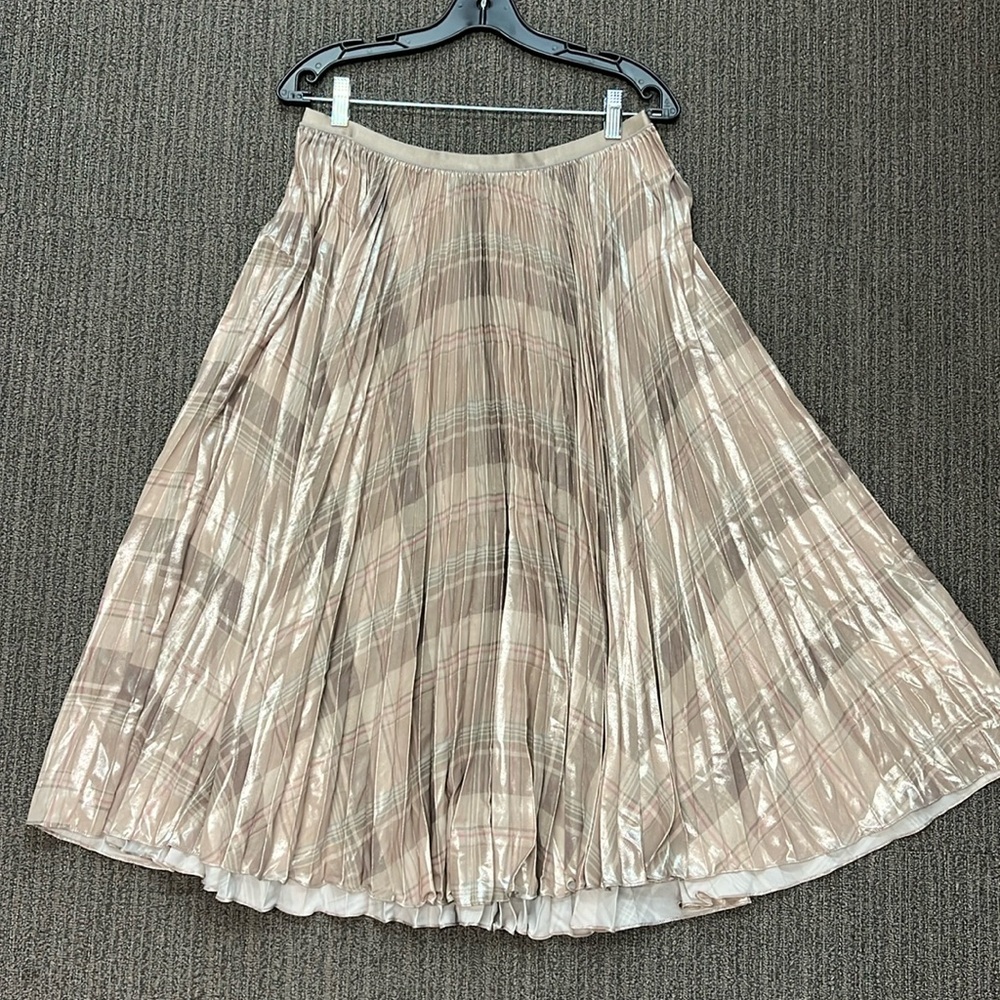 Polo RL sunburst pleated tan metallic plaid skirt